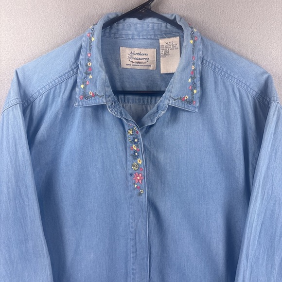 Northern Treasures Tops - Vintage Northern Treasures Chambray Button Up XL Floral Cottagecore Embroidered
